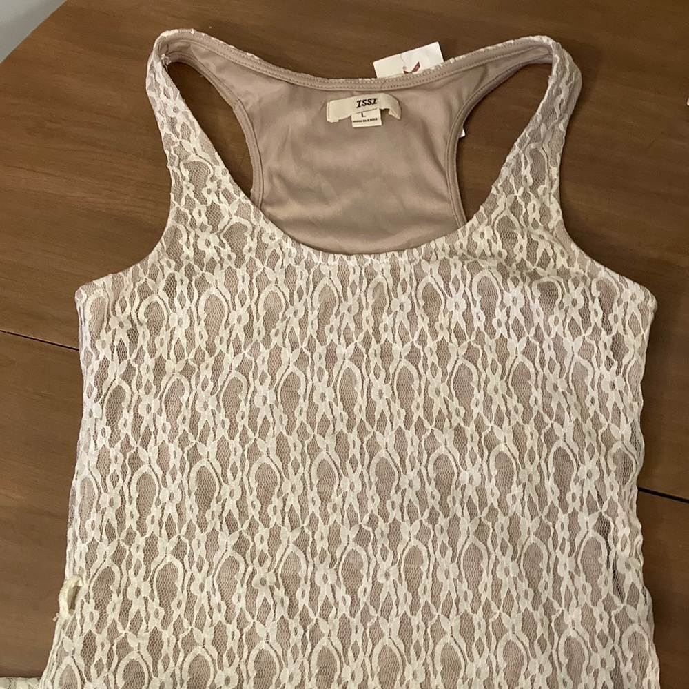 ISSI Lace Overlay Racerback Tank Maxi Dress in Beige and Ivory